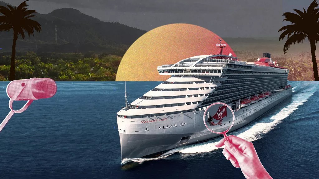 Graphic of cruise with a magnifying class and sun setting