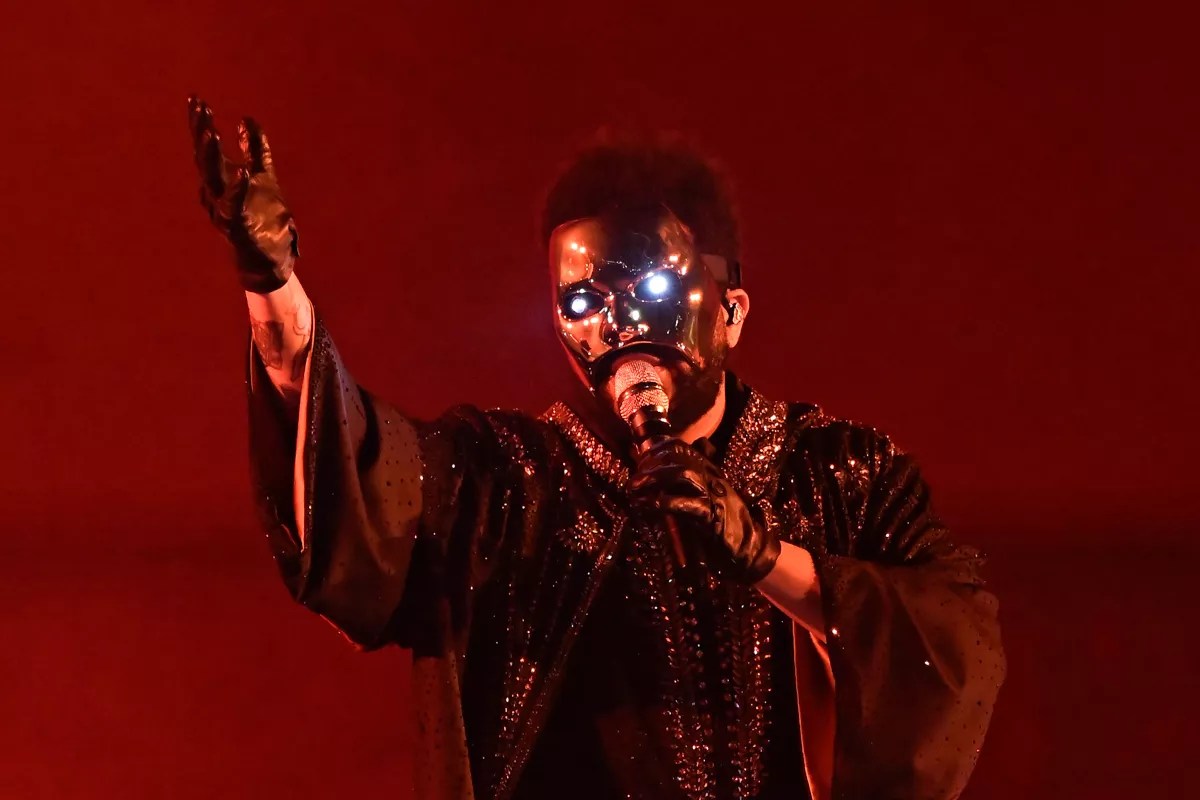 Artist the Weeknd performing with a mask.