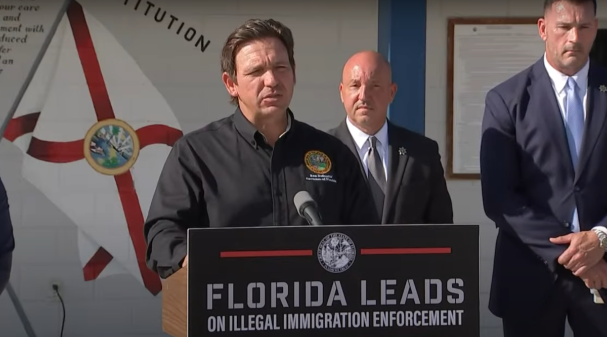 Gov. Ron DeSantis speaking at a press conference.