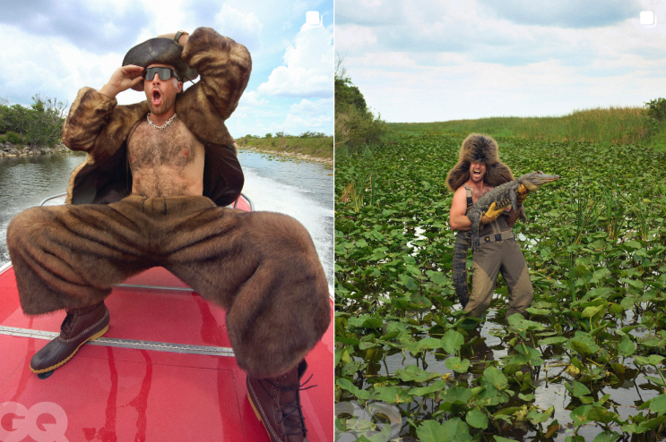 collage shows Travis Kelce riding in an airboat on the left and holding a gator in the Everglades on the right