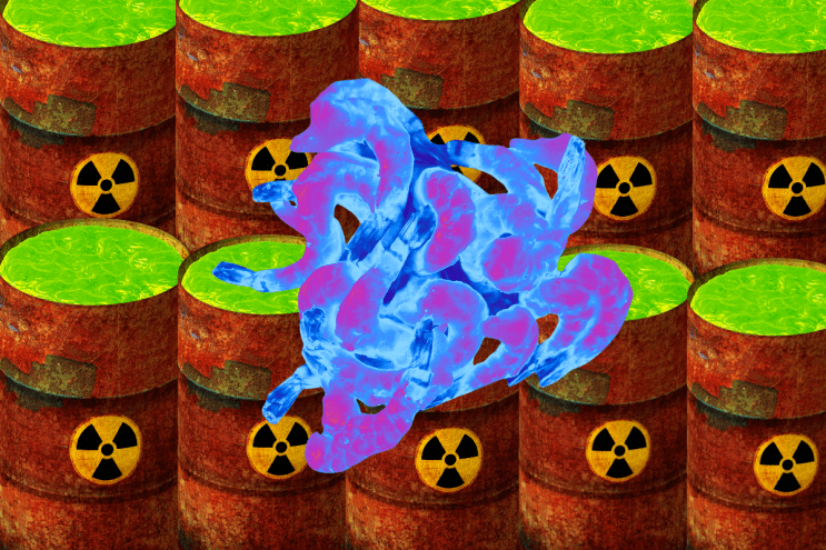 A photoshopped image of neon shrimp and radioactive bins