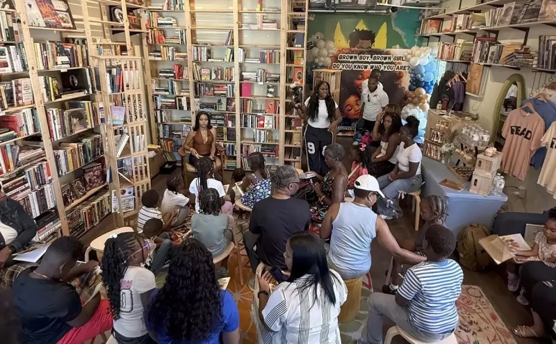 view from above of a bookstore filled with people