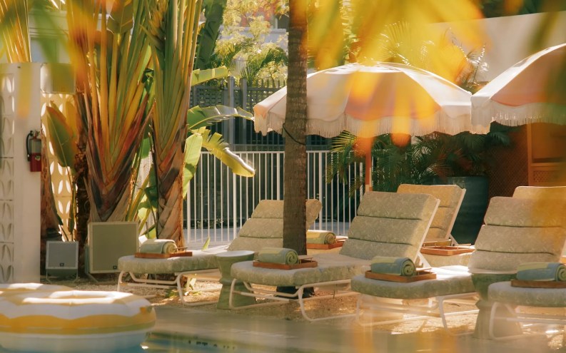 a set of lounge chairs and beach umbrellas surrounded by palms in front of a pool