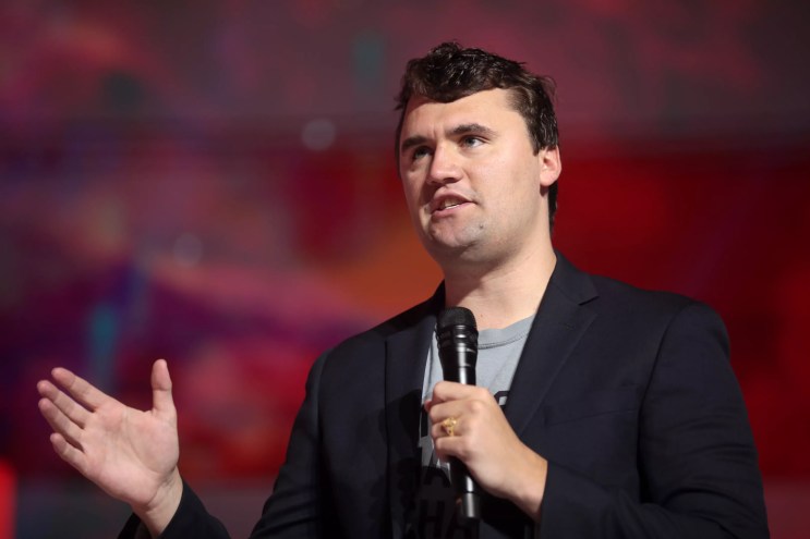 Pictured is conservative commentator Charlie Kirk speaking at an event.