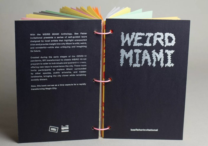 A book stands open showing its back and front covers, respectively. The title, in white lettering on a black background, reads, "Weird Miami"